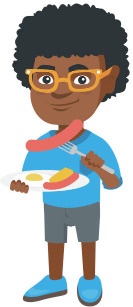 chłopiec jedzący kiełbasę i jajko sadzone na śniadanie - fork plate isolated scrambled eggs stock illustrations