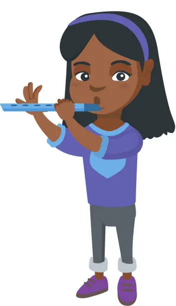 Vector illustration of African-american little girl playing the flute