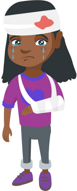 African girl with broken arm and bandaged head African-american injured girl with broken arm and bandaged head. Crying little girl having head and arm injury. Vector sketch cartoon illustration isolated on white background. sad african child drawings stock illustrations