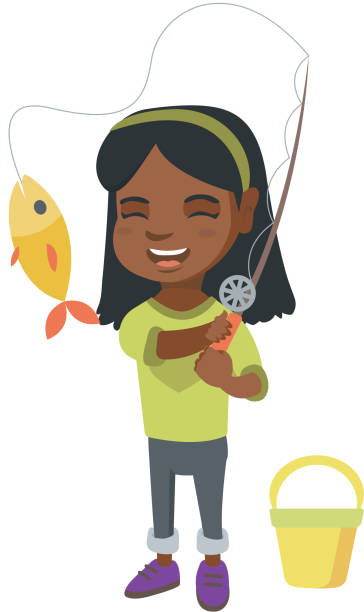 ilustrações, clipart, desenhos animados e ícones de menina, segurando a vara de pesca com peixe no anzol - children only child cartoon little girls