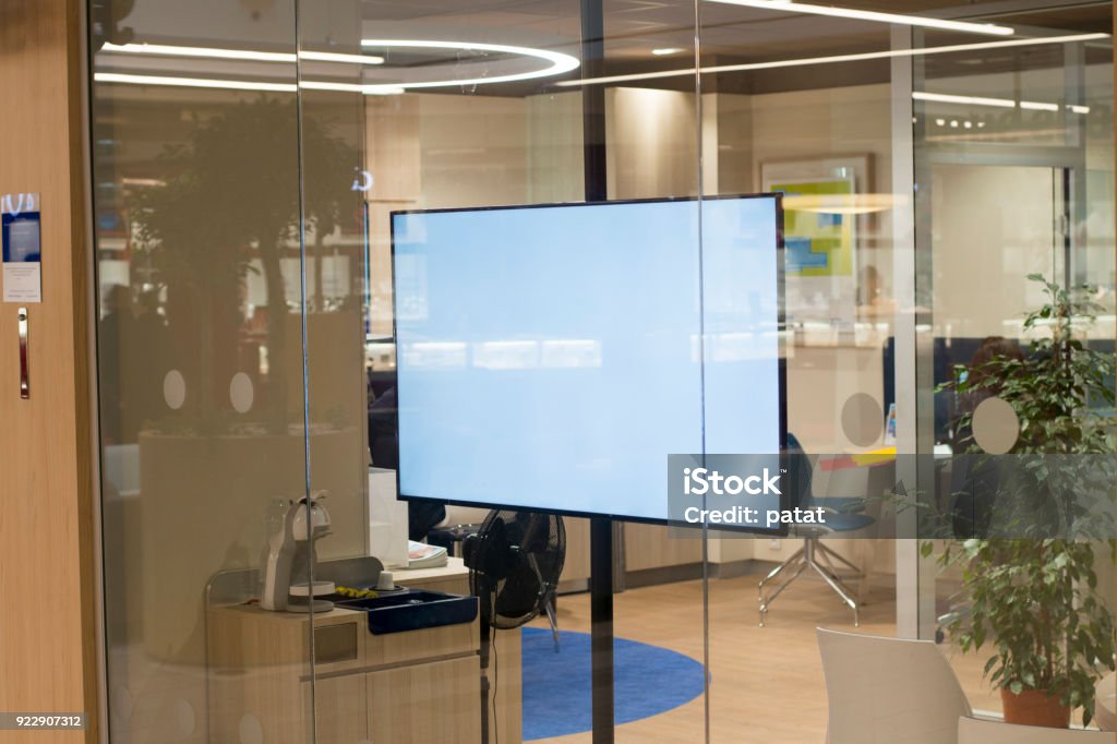Wide screen LCD advertising mockup Shop or business window TV screen advertising mock up Store Window Stock Photo