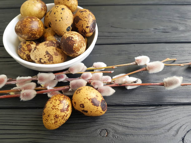 istock Easter quail eggs, willow on black wooden 922907384