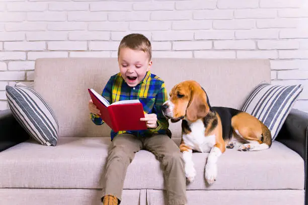 boy and dog read emotionally book on couch, education