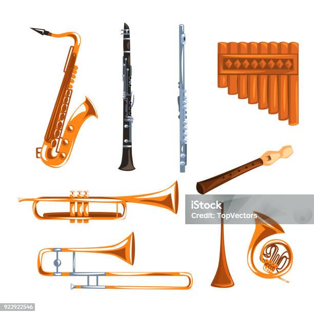 Musical Wind Instruments Set Saxophone Clarinet Trumpet Trombone Tuba Pan Flute Vector Illustrations I On A White Background Stock Illustration - Download Image Now