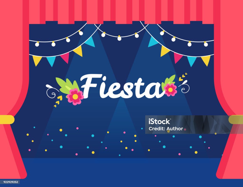 Stage with Flags and Lights Garlands and Fiesta Sign. Mexican Theme Party or Event Invitation. Stage with Flags and Lights Garlands and Fiesta Sign. Mexican Theme Party or Event Invitation Illustration stock vector