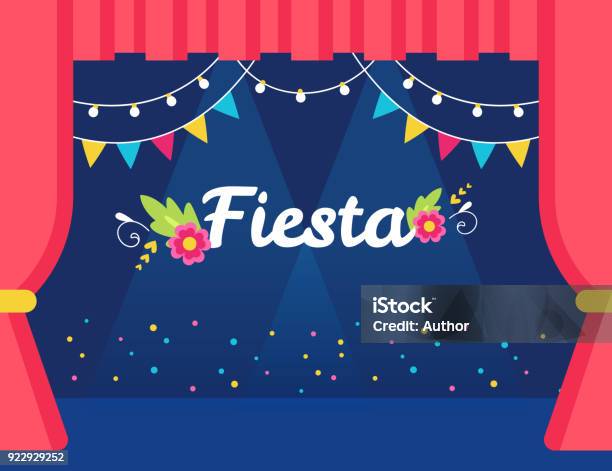Stage With Flags And Lights Garlands And Fiesta Sign Mexican Theme Party Or Event Invitation Stock Illustration - Download Image Now