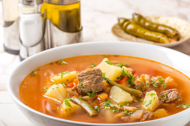 istock Beef soup with vegetablew in white bowl 922932722