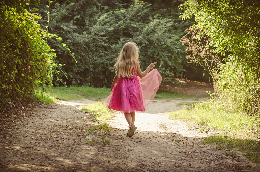 little child with long blond hair dressed in pink dress walking in the rural path in the forest  back to camera