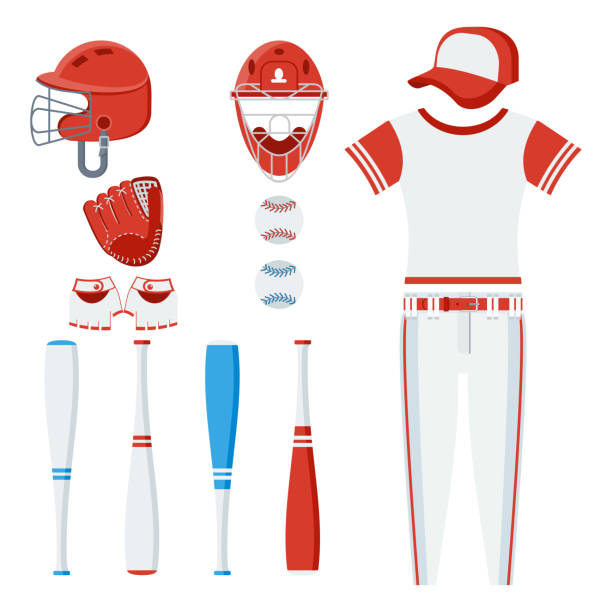 Baseball equipment set Baseball equipment set. Bat, ball, softball gloves, batting helmets, catcher gear and leg guards. Flat vector cartoon illustration. Objects isolated on a white background. baseball diamond softball baseballs backgrounds stock illustrations