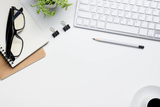 istock Office desk table with supplies. Flat lay Business workplace and objects. Top view. Copy space for text 922950910