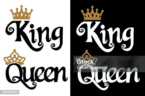 istock King and queen - couple design. Black text and gold crown isolated on white background. 922950962