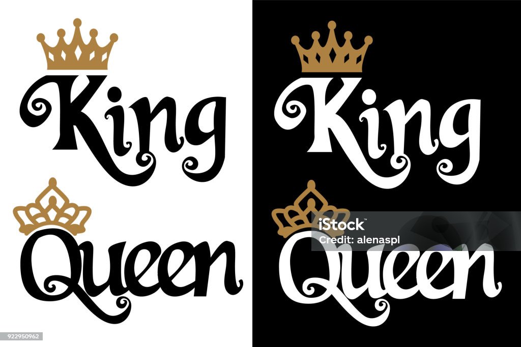 King and queen - couple design. Black text and gold crown isolated on white background. Can be used for printable souvenirs ( t-shirt, pillow, magnet, mug, cup). Icon of wedding invitation.Royal love Crown - Headwear stock vector