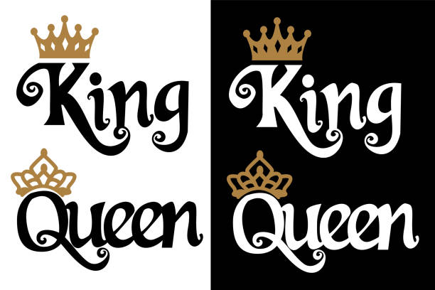 King and queen - couple design. Black text and gold crown isolated on white background. Can be used for printable souvenirs ( t-shirt, pillow, magnet, mug, cup). Icon of wedding invitation.Royal love ruler illustrations stock illustrations