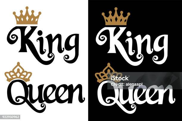 King And Queen Couple Design Black Text And Gold Crown Isolated On White Background Stock Illustration - Download Image Now