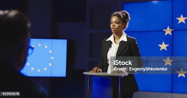 Female Politician Of Eu Having Press Conference Stock Photo - Download Image Now - Women, Politician, Speech