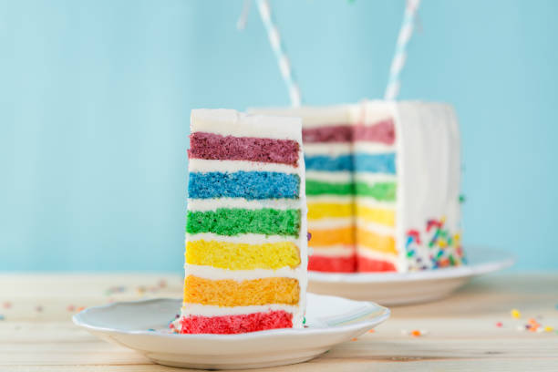 istock Birthday background - striped rainbow cake with white frosting 922953790