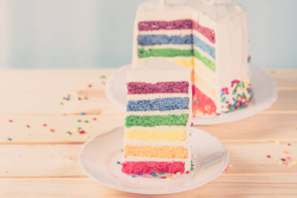 istock Birthday background - striped rainbow cake with white frosting 922953834