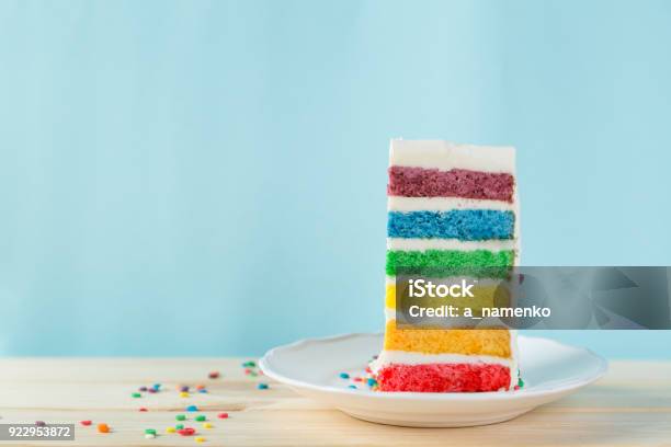 Birthday Background Striped Rainbow Cake With White Frosting Stock Photo - Download Image Now