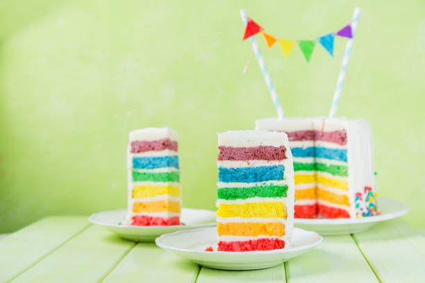 istock Birthday background - striped rainbow cake with white frosting 922954000