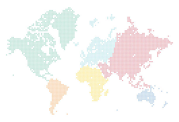 ilustraciones, imágenes clip art, dibujos animados e iconos de stock de mapa mundial de puntos dividida en continentes - europa continente