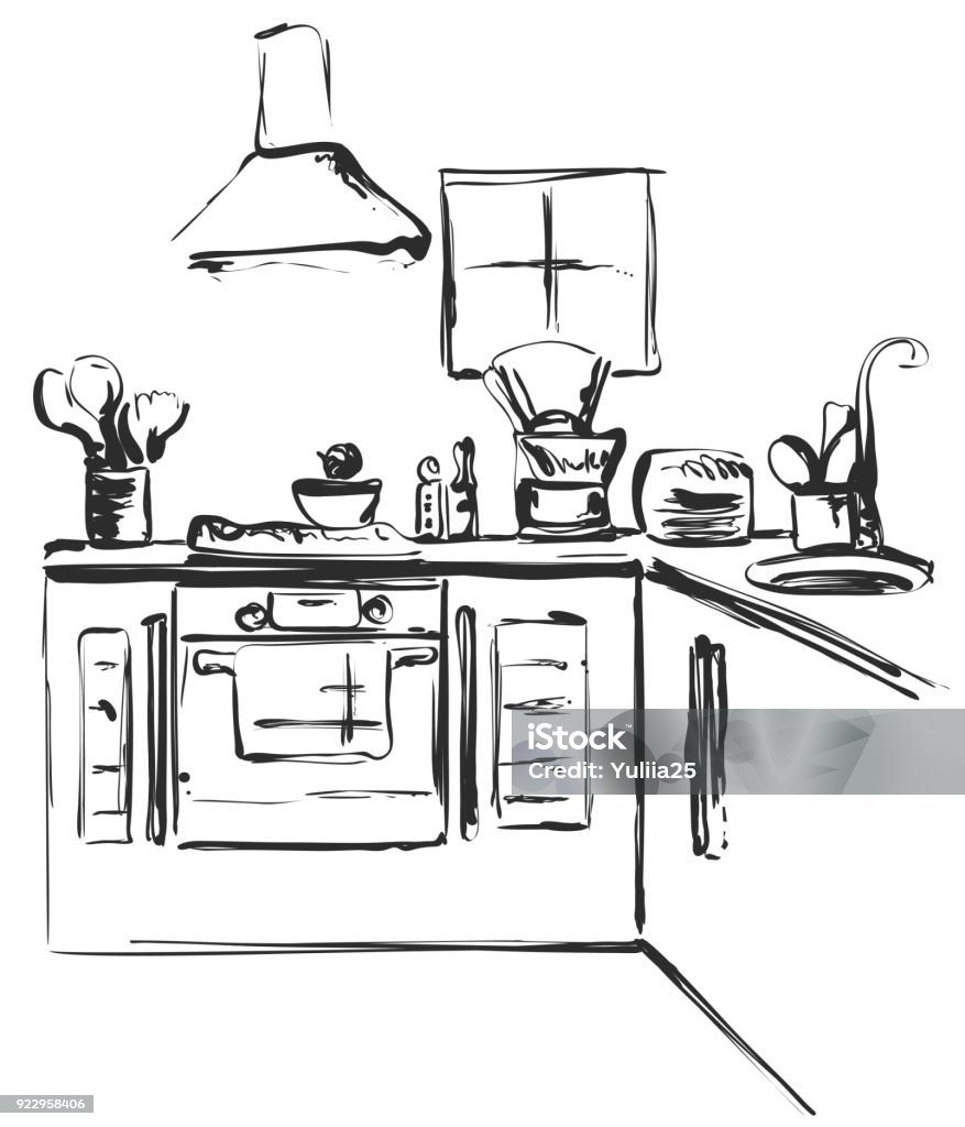 Kitchen Interior Drawing Vector Illustration Furniture Sketch Stock  Illustration - Download Image Now - iStock