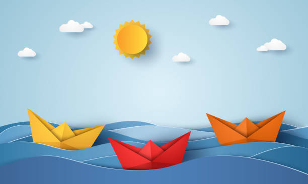 青い海、ペーパー アート スタイルでのセーリング折り紙ボート - seascape点のイラスト素材／クリップアート素材／マンガ素材／アイコン素材