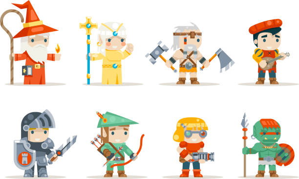 Warrior mage elf priest archer barbarian berseker bard tribal orc engeneer inventor rifleman fantasy RPG game characters isolated icons set vector illustration vector art illustration