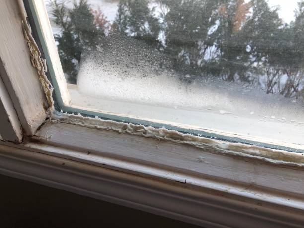 ice and frost on a window sill, bad / faulty caulking, old window, drafty window, fenestration, window moisture problems - faulty imagens e fotografias de stock