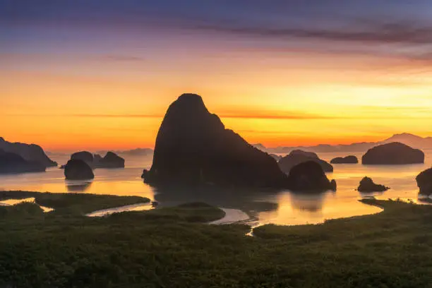 Photo of Landscape of limestone karsts in Phang nga bay at sunrise. Unseen place of 