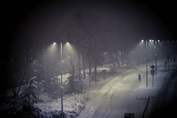 istock winter night landscape, snowfall, street with lanterns 922972610