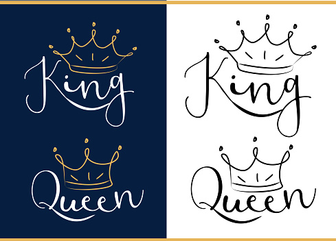 Queen and king. Black text logo with royal crown and tiara.
