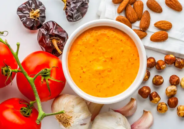 Romesco sauce, typical from Catalonia, Spain. Prepared with nora peppers, almonds, hazelnuts, garlic and tomato.
