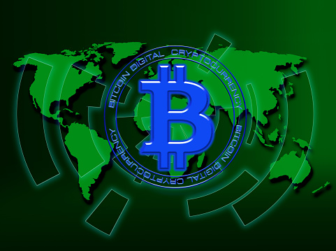 Abstract technology bitcoins logo on world map,green technology background