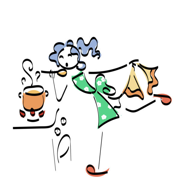 ilustrações, clipart, desenhos animados e ícones de conceito de ilustração do doodle stickman. mulher com comida saborosa de cozinha - personal accessory apron bakery cake