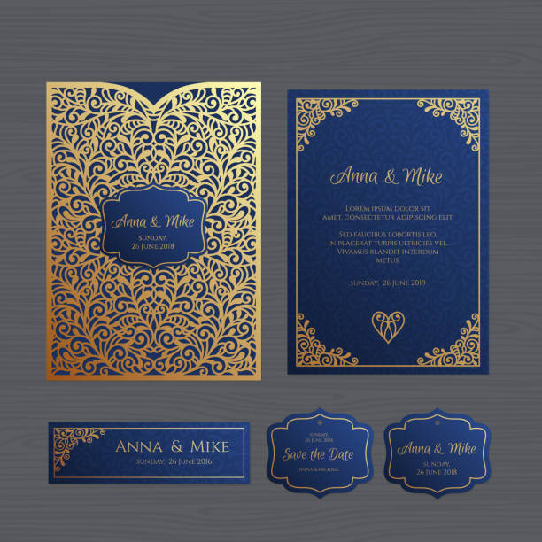 Wedding invitation or greeting card with vintage ornament. Paper lace envelope template. Wedding invitation envelope mock-up for laser cutting. Vector illustration. Wedding invitation or greeting card with vintage ornament. Paper lace envelope template. Wedding invitation envelope mock-up for laser cutting. Vector illustration. blueprint borders stock illustrations