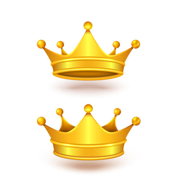 Vector realistic set of two golden royal crowns Vector realistic set of two golden crowns, metal headdress of royal person, emperor, monarch, king or queen isolated on background. Symbol of power, monarchy, success, wealth, element of vip emblem king crown stock illustrations