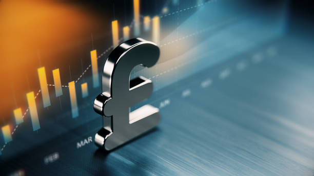 british pound currency symbol standing on wood surface in front of a graph - símbolo da libra esterlina imagens e fotografias de stock