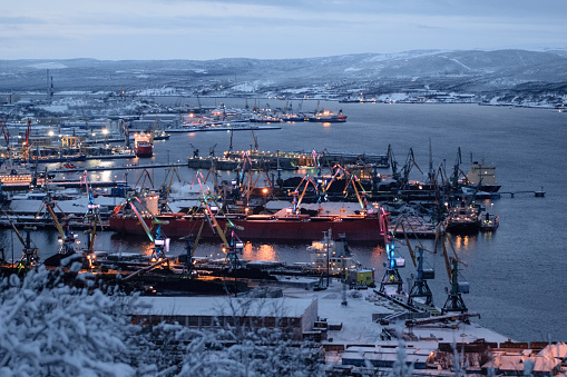 Evening winter landscape of Murmansk Trade Port, Russia