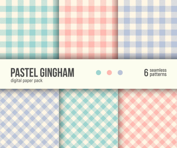 Digital paper pack, 6 abstract seamless backgrounds, vector patterns set. Digital paper pack, set of 6 abstract seamless patterns. Abstract geometric backgrounds. Vector illustration. Traditional classic Gingham tablecloth pattern, pale pastel colors blush pink, teal, blue backgrounds pink scrapbook abstract stock illustrations