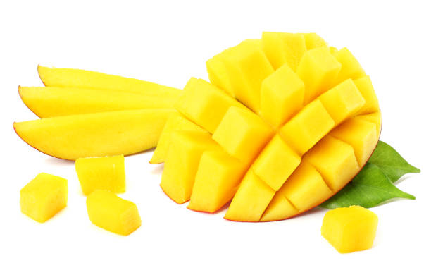 istock mango slice with green leaves isolated on white background 923027808
