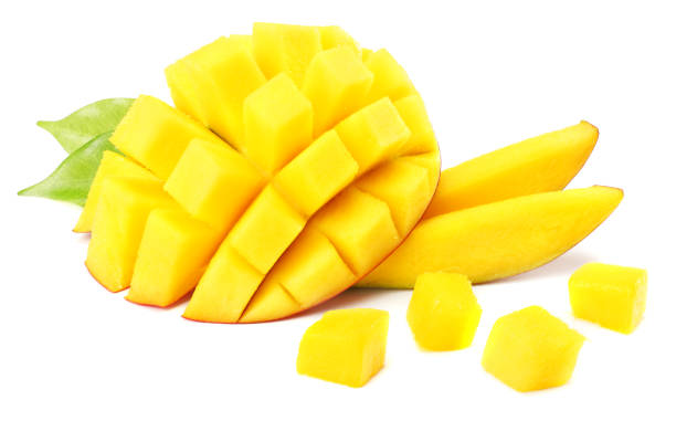 istock mango slice with green leaves isolated on white background 923027860