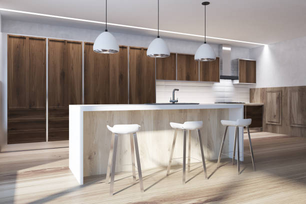 istock Dark wooden kitchen with a bar side 923028650