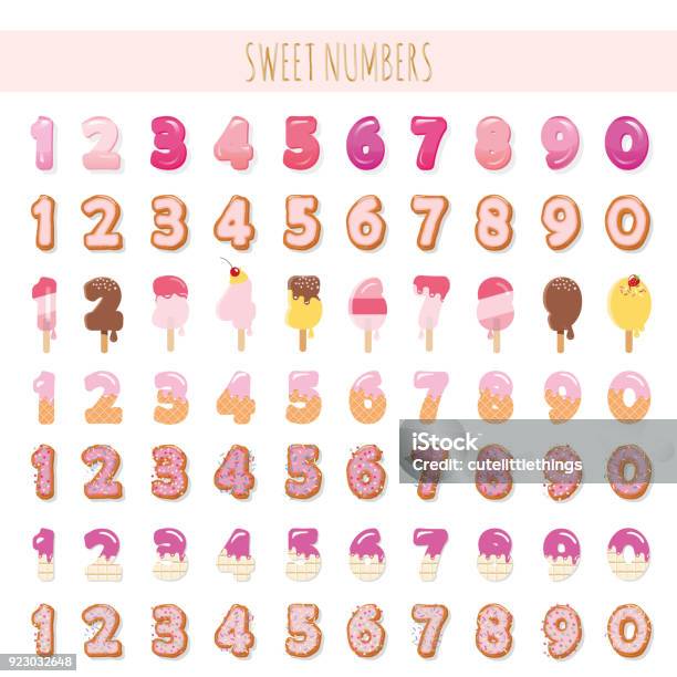 Sweet Numbers Set In Pastel Pink Different Textures Ice Cream Chocolate Biscuit Lollipop Stock Illustration - Download Image Now