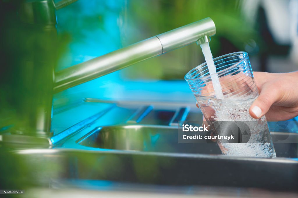 Woman filling a glass of water. Woman filling a glass of water. She is using the faucet in the kitchen sink. There is a plant out of focus in the foreground. Close up with copy space. Water Stock Photo