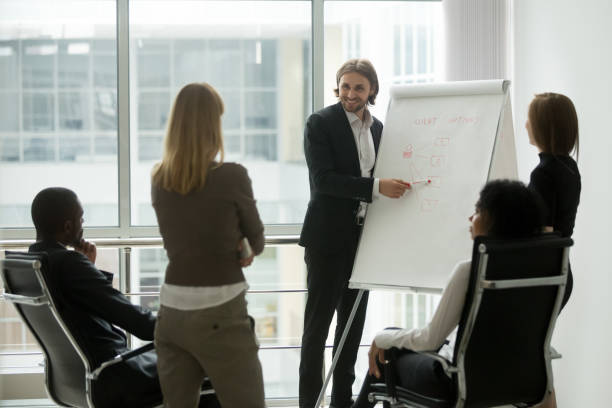 istock Smiling business coach teaching sales marketing team on staff training 923040514
