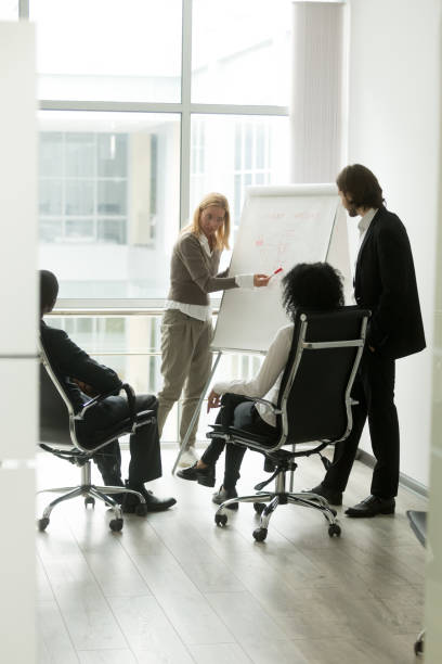 istock Multi-ethnic business partners discussing new idea in boardroom with flipchart 923040786