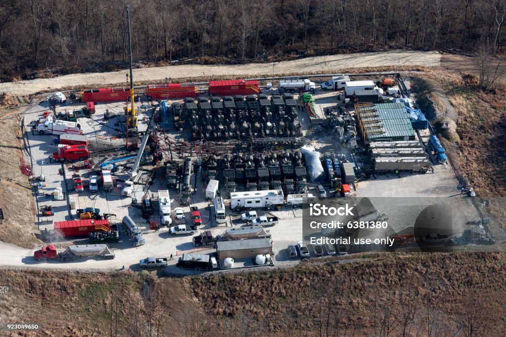 Aerial view of fracing a gas well Aerial view of fracing a gas well Marcellus Shale formation Northern West Virginia Photograph taken Nov 2013 Fracking Stock Photo