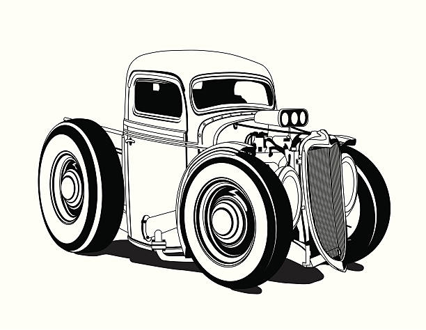 Cartoon Hot Rod Pickup Black And White Stock Illustration - Download Image  Now - Black And White, Cartoon, Collector's Car - iStock