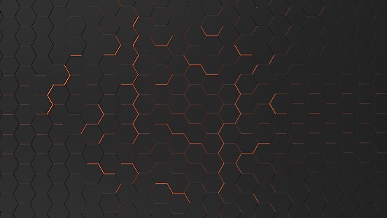 Futuristic background with hexagonal shapes and orange light. 3d illustration