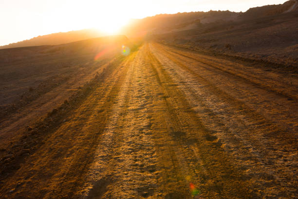 lens flare: cars and trucks drive up and down the highway in rural united states. golden sunbeams shine on the highway traffic crossing the american wilderness. people commuting at gorgeous sunset.